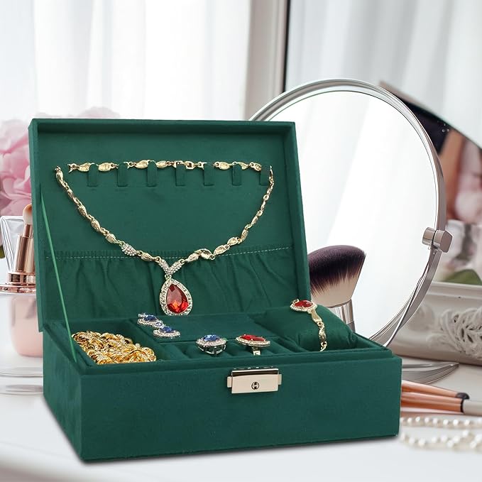Nsmykhg Velvet Jewelry Box Organizer - 2 Pack Lockable 2 Layer Travel Case with Removable Tray, Jewelry Storage for Women & Men, Jewelry Display Case for Rings, Necklace, Earrings (Green)