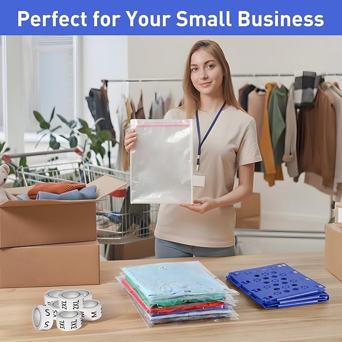 BoxLegend Shirt Folder Board with 11x14 T Shirt Bags 100 PCS and 7 Sizes Stickers 3500 PCS Clothes Folding Board Bags for Small Business