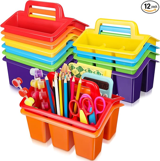 WILLBOND 12 Pcs Classroom Storage Caddies Stackable Utility Caddies with 4 Compartment Plastic Caddy with Handle Portable Storage Bins Organizers for Kids Schools Art Craft Supplies(Colorful)