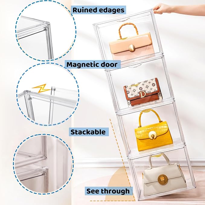 Attelite Clear Purse Organizer for Closet, Plastic Handbag Storage Organizer 4 Pack Clear Acrylic Display Case with Magnetic Door for Wallet, Book, Cosmetic, Clutch Organization