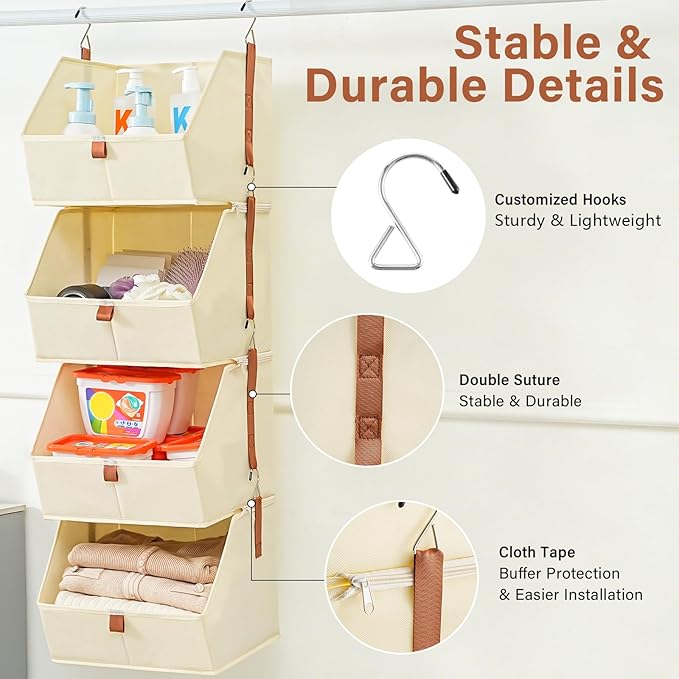 4 Tier Hanging Closet Organizer,Disassemblable Clothes Hanging Shelves,Fabric Closet Organizer System for Space-Saving,Foldable Storage Basket for Bedroom, Rv (1 Pack,Beige)