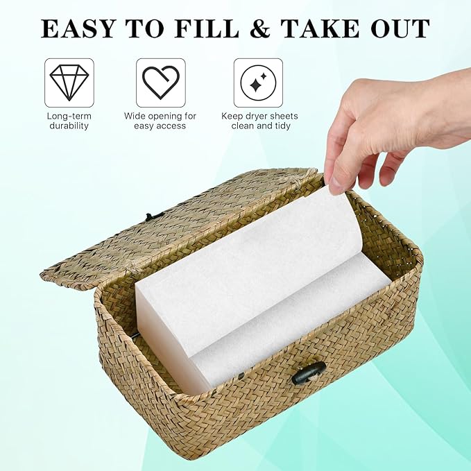 Dryer Sheet Holder, Woven Seagrass Dryer Sheet Container with Lid, Farmhouse Dryer Sheet Box Decor, Dryer Balls Dispenser for Laundry Room Organization and Storage-Natural Color
