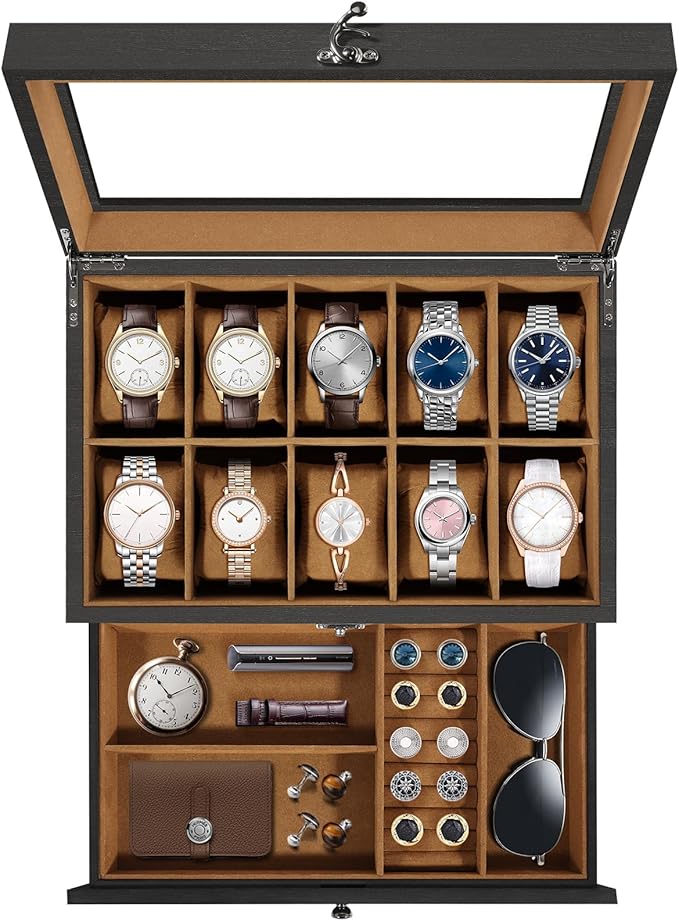 Uten 10-Slot Watch Box, 2-Layers Solid Wood Watch Display Case with Glass Lid, Watch Holder Organizer with Soft Pillow and Velvet Lining, Watch and Jewelry Storage Box, Brown