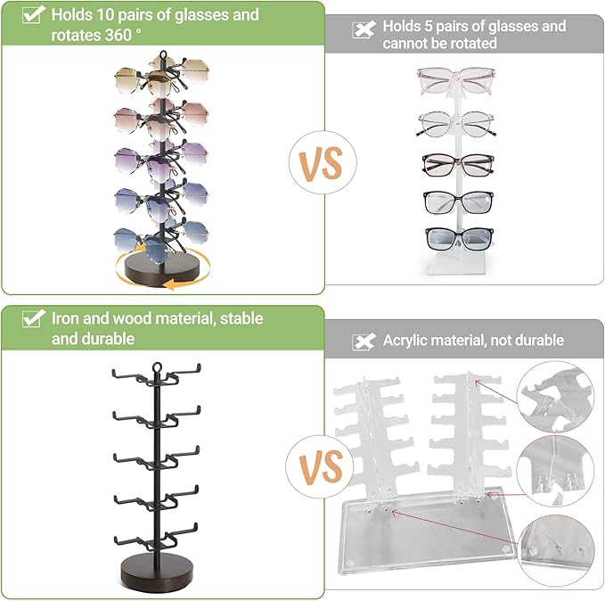 Mkono 360° Rotating Sunglasses Organizer Metal Eyeglass Holder Stand Sunglass Storage Display Eyeglasses Rack for up to 10 Pairs of Eyewear Glasses for Table Dresser Desk Countertop Bedroom, Black