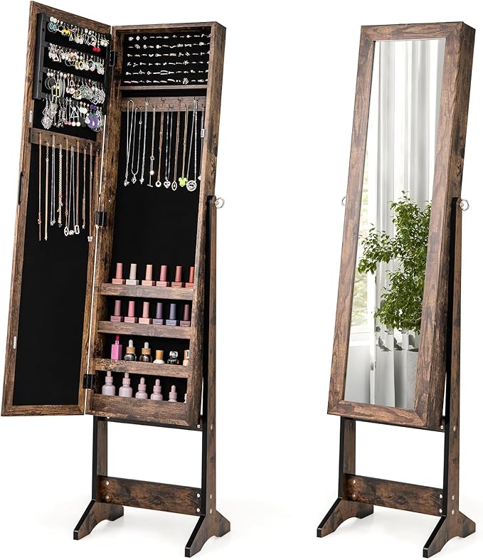 GOFLAME Jewelry Cabinet, Jewelry Organizer with Full Length Mirror Door, Standing Makeup Mirror Cabinet, Freestanding Jewelry Organizer with Large Storage Capacity (Rustic Brown)