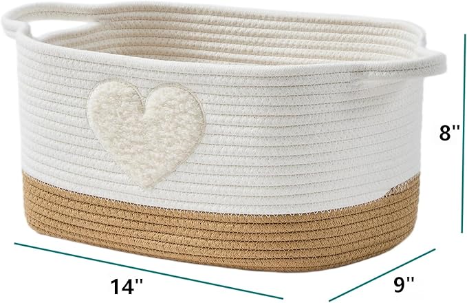 Storage Bins Woven Baskets for Storage Set of 3, Cotton Rope Basket with Handles for Toys/Shelves/Laundry, Rectangle Multi-Purpose Organizer for Living Room, Bedroom, Nursery (Heart)