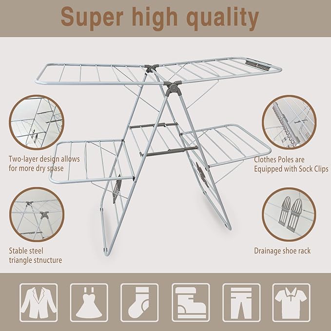 Clothes Drying Rack, Foldable 2-Level Laundry Racks for Drying Clothes Rack,Stainless Steel Drying Rack Clothing Collapsible for Indoor Outdoor,with Height-Adjustable Wings,Gray