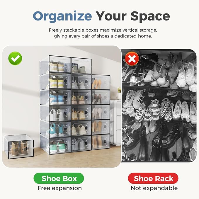 DUMOS Stackable Shoe Storage Boxes, 15-Pack Plastic Shoe Organizers with Lids, Large Shoe Rack & Holder for Closet, Under Bed, Entryway, Sneaker Display and Storage Containers, Black