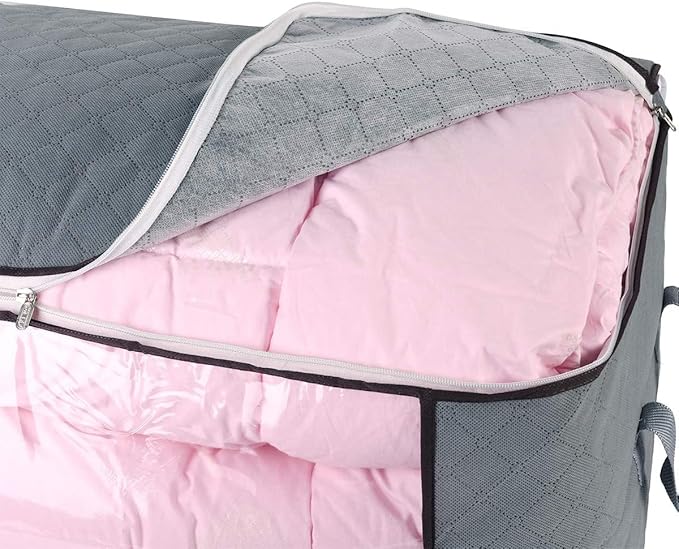 combocube Comforter Storage Bag, Zippered Bag with Large Clear Window and Carry Handles, Space Saver Organizers for Closet, Blanket, Pillow, Quilt, Bedding, Clothes (4Pcs Grey Large)