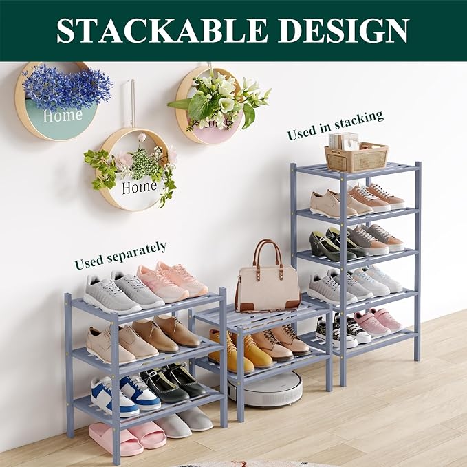 Smiry Small Bamboo Shoe Rack 2-Tier, Stackable Wooden Shoe Organizer for Entryway & Closet, Free Standing Wood Shoe Storage Shelf for Front Door & Small Spaces, Grey