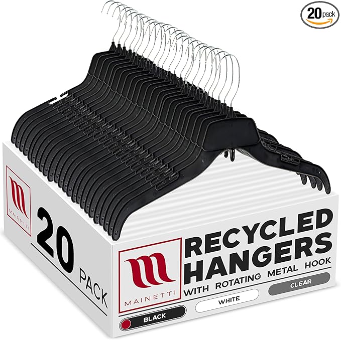 Mainetti 484 Recycled Black Plastic Hangers - 20 Pack with Rotating Metal Hook and Notches for Straps, Great for Shirts/Tops/Dresses, 17-Inch