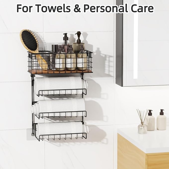 3 Tiers Hair Tool Organizer Wall Mounted, Holds 2 Curling Irons Per Shelf Heat-Resistant, Storage Basket for Hair Tools, Adhesive and Screw Mount for Hair Dryer Straightener in Bathroom Cabinet, Black