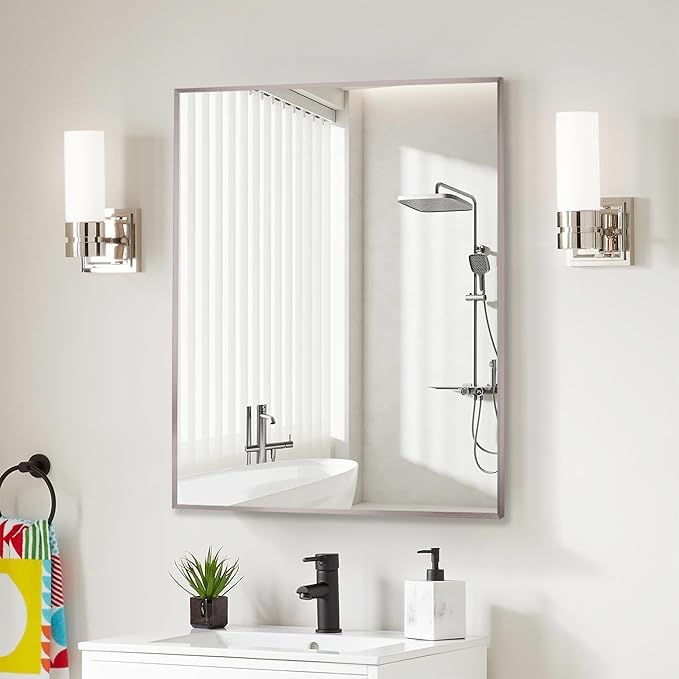 24x30 Inch Pewter Bathroom Mirror for Wall, Aluminum Frame Rectangle Rectangular Vanity Mirror, Modern Large for Bedroom, Living Room, Horizontal or Vertical