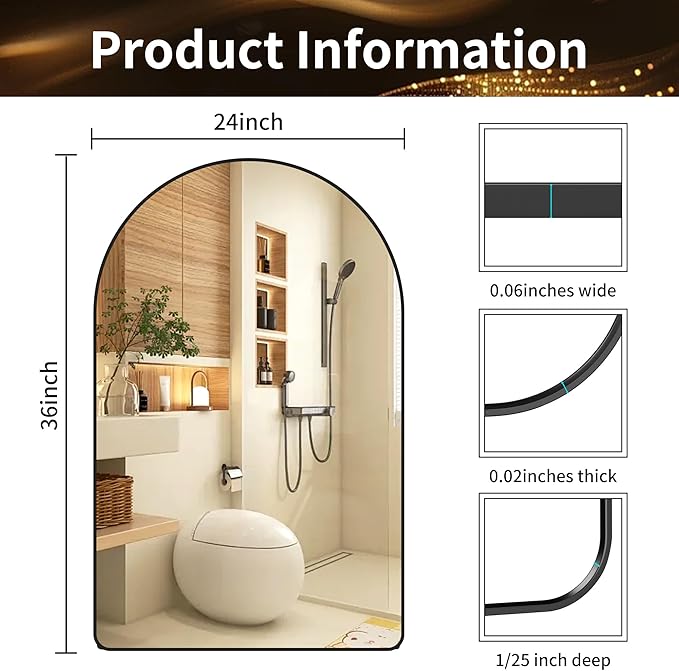 24x36 Inch Premium Black Arched Tempered Glass Mirror Shatter Resistant No Distortion Luxe Brushed Metal Frame Arch Mirror for Bathroom Vanity Modern Wall Decor