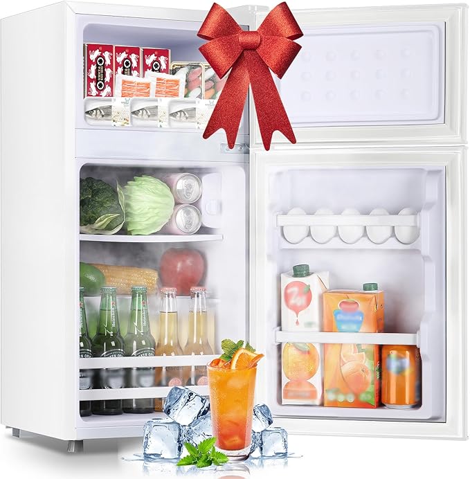 Small Refrigerator Mini Fridge with Double Doors & Separate Freezer & 7 Adjustable Temperature Control, Tiny Size & Personal Fridge Ideal for Office Apartment Dorm White