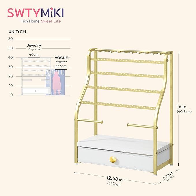 SWTYMIKI Earring Holder Organizer - Jewelry Organizer Stand with Necklace Hooks, Watch Rods, Nonwoven Drawer, Large Capacity Jewelry Display for Stud Earring Bracelet Necklace Ring, Gold