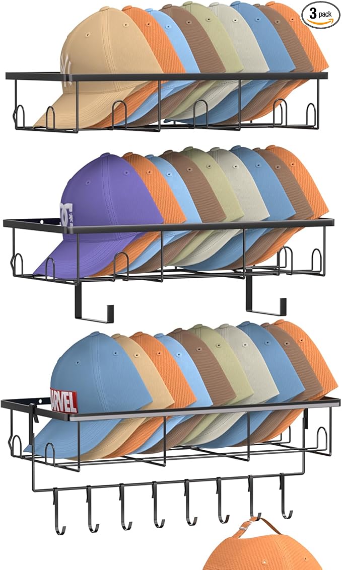 3 Pack Hat Rack for Wall - Hat Organizer for Baseball Caps Wall Mounted Space Saving Hat Shelf for Hats, Caps, Scarves, Keys & More,Durable Hat Holder Suitable for Entryways, Bedrooms,Closets