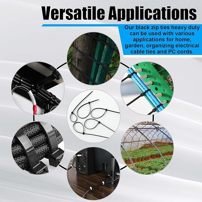 1000 Pcs 8 Inch Zip Ties Heavy Duty 120 Lbs Tensile Strength Black Nylon Wire Cable Ties Bulk for Indoor Outdoor