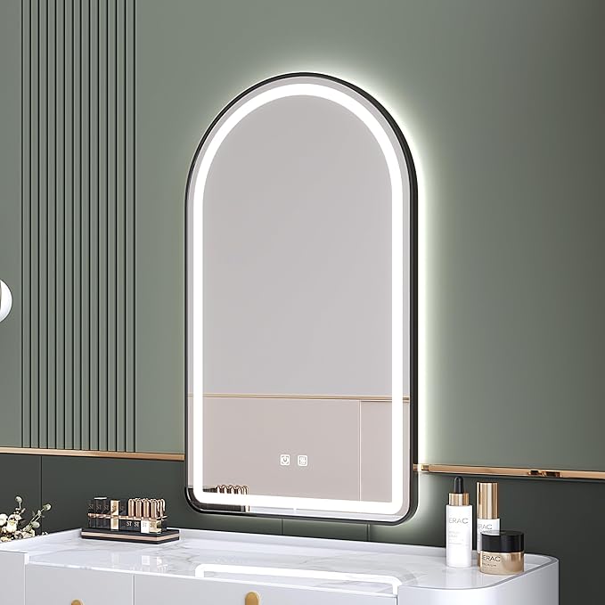 30x40 inch Black Tempered Glass LED Arched Mirror for Bathroom Vanity Mirror or Wall Decor Arch Mirror Brushed Metal Frame Wall Mounted Mirror for Bathroom