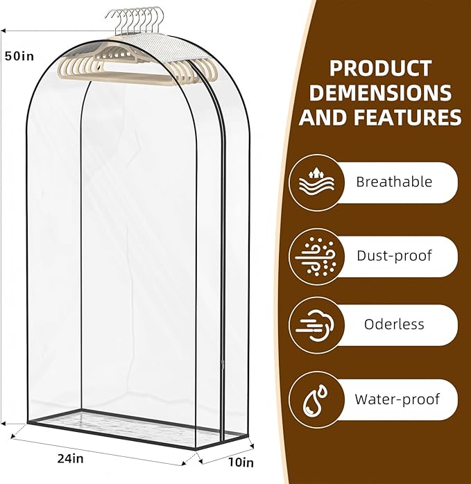 Upgraded Thickened Clear Garment Bags for Hanging Clothes 4 Packs, 10“ Gusseted Clothes Hanging Storage Bags for Closet, Shirts, Coats, Dresses (50 inch)