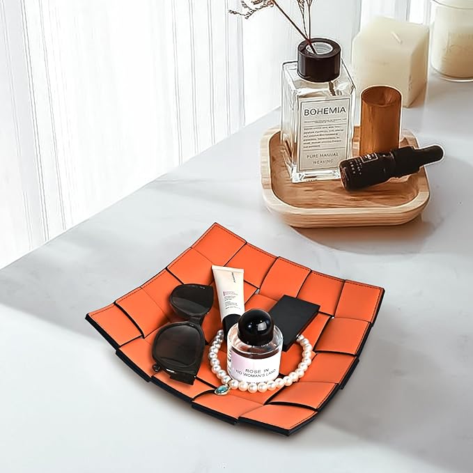 Valet Tray PU Leather Key Holder Bowl for Women and Men Entryway Table Nightstand Desk Tray for Wallet, Keys Men's Gift - Orange & Black, 9.8" L x 9.8" W x 2" H