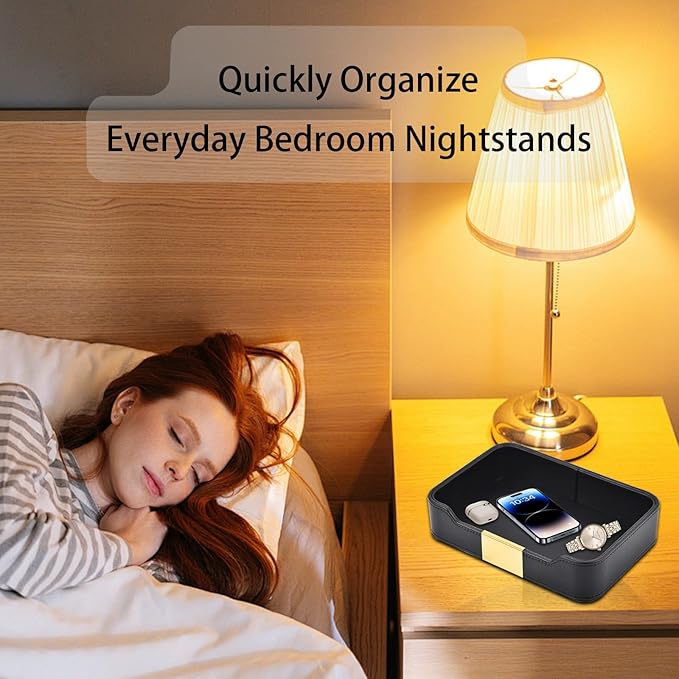 Leather Tray Desktop Storage,Luxury Nightstand Organizer Decorative Tray,for Entryway Table to Hold Jewelry Watch Cosmetics Keys Phone Wallet Home & Office Accessories,Black, 8.5L x 5.7W x 1.8H