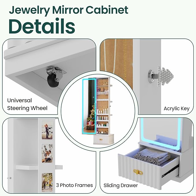HNEBC LED Jewelry Cabinet Standing, Full Length Mirror with Storage/3 Color Adjustable LIghts, Jewelry Armoire has 3 Photo Frames/4 Shelfs/1 Drawer,Space-Saving Organizer,Christmas Gifts for Women
