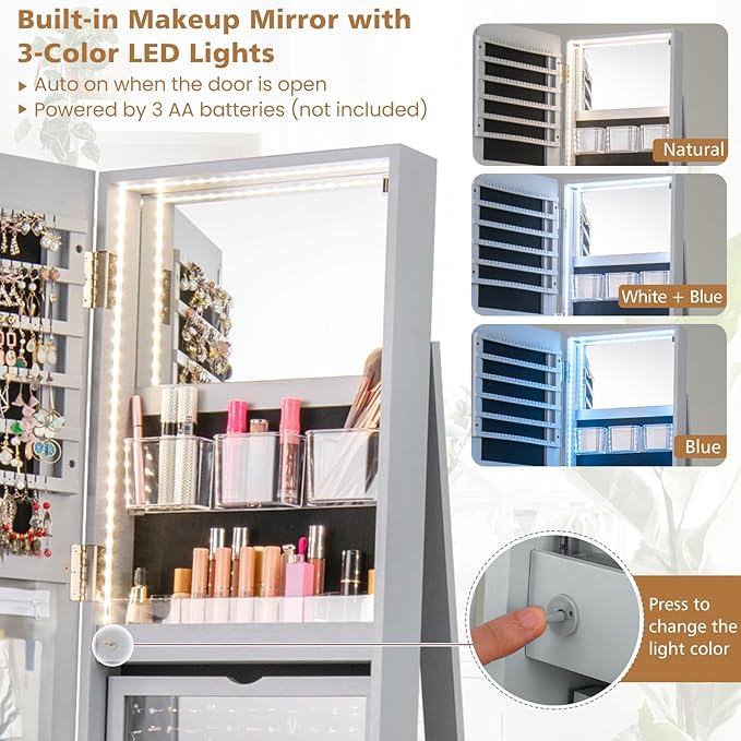 CHARMAID 360° Swivel Jewelry Armoire with Full Length Mirror, Rear Storage Shelves, Lockable Standing Jewelry Cabinet Organizer with Interior Vanity Mirror and 3-Color Lights (Gray)