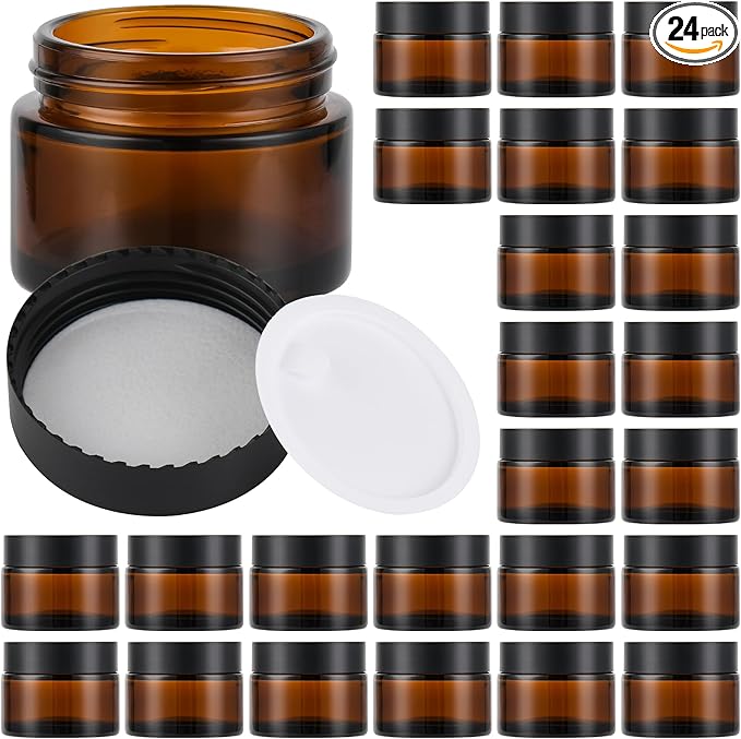 Glass Jars with Lids,Eco-Friendly Cosmetic Containers with Airtight Black Lids & Liners, Multi-Color Options for Cream, Lotion, Body Butter, DIY Skincare Travel Jars (Amber, 2oz)