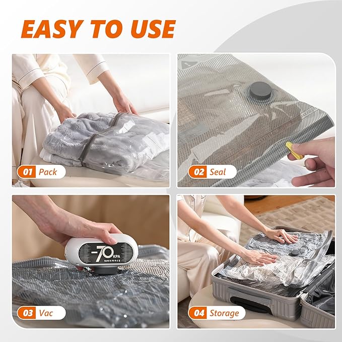 Travel Vacuum Bags with Wireless Pump, 15 Pack Vacuum Storage Bags with Powerful -70KPa Suction, for Maximum Compression in Luggage, Travel and Home Use for Clothes and Blankets, White