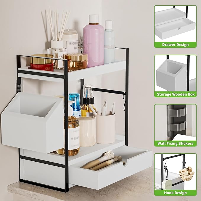 2-Tier Bathroom Counter Organizer with Drawer and Basket, Wood Countertop Organizer for Storage, Skincare Organizers for Vanity, Counter Shelf for Bathroom Organization,White