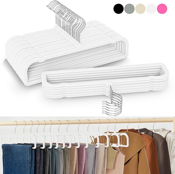 50 Pack Velvet Hangers Non Slip, Felt Pants Hangers Thin Space Saving Clothes Hanger Flocked Strong Durable Ganchos para Colgar Ropa with 360°Swivel Hook for Pants Jeans Shorts Tank Top, Linen White
