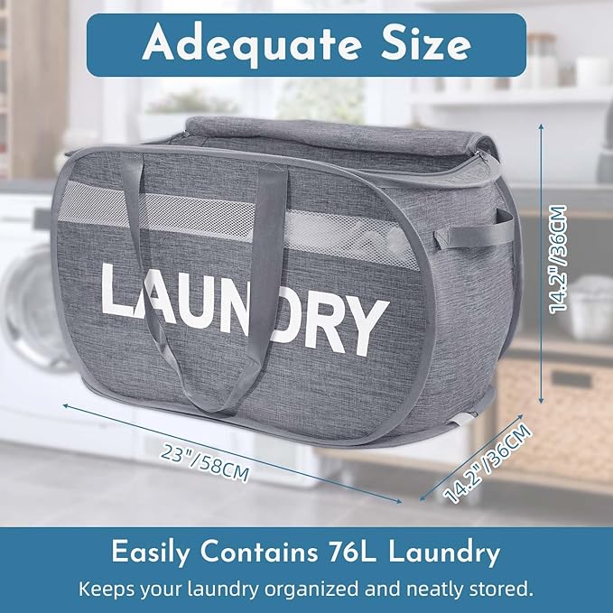 Collapsible Laundry Basket 2 pack, Foldable Pop Up Grey Laundry Baskets Mesh with Lid & Handle, Pop Up Collapsible Laundrys Hamper, Fabric Laundrys Baskets for Dorm, Travel, Bathroom