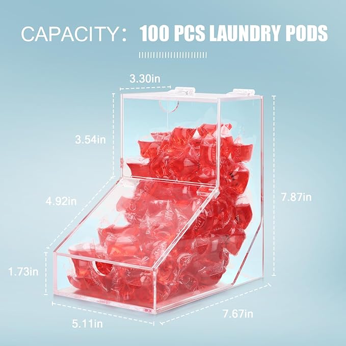 Laundry Pods Container, Acrylic Laundry Room Decor with 2 Lid, Candy Dispenser Organizer, Dishwasher Pod Holder for Home, Laundry Room, Kitchen Stand or Wall Mount