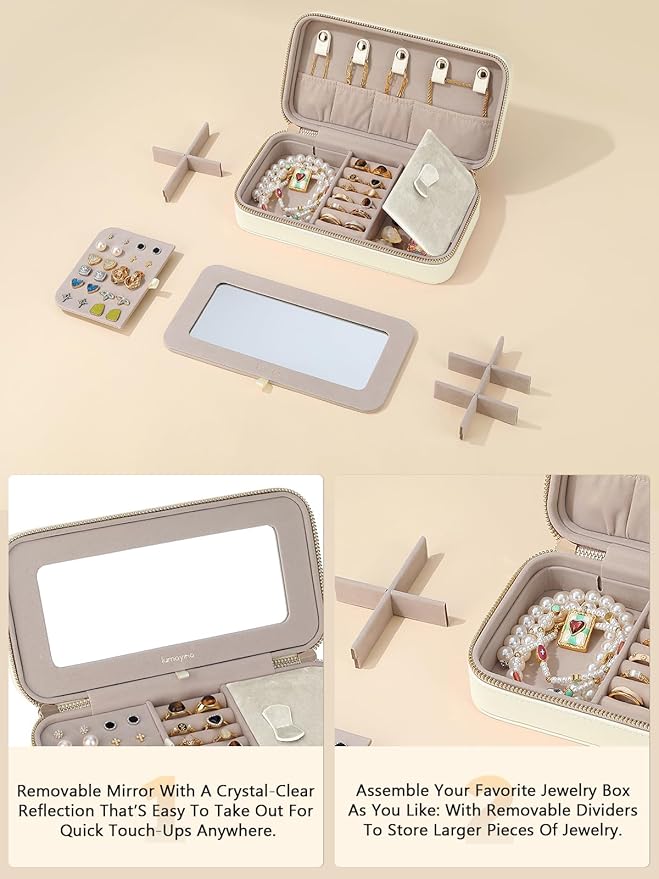 Travel Jewelry Case with Mirror, Quilted Small Jewelry Box Organizer for Women Girls, Portable Earring Necklace Bracelet Ring Holder Storage for Travel, Gifts for Her (Beige)