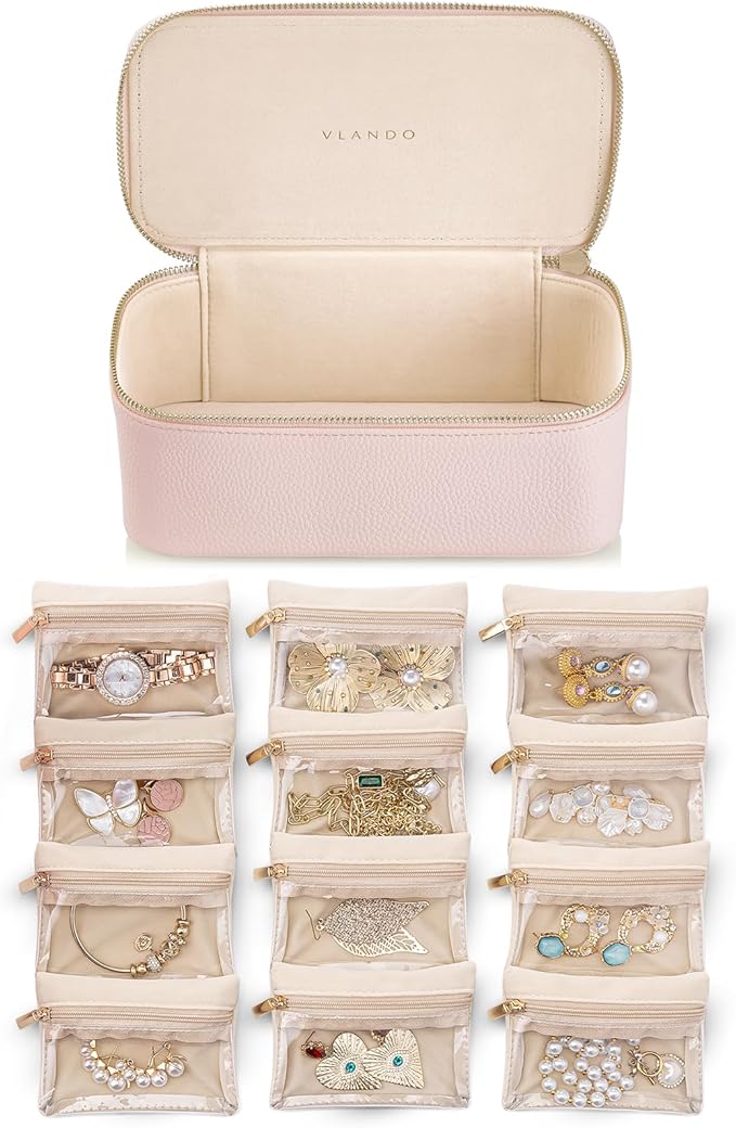 Vlando Teacher Gifts for Women,Jewelry Box with 12 Velvet Jewelry Bags Travel Jewelry Case for Girls Jewelry Organizer for Travelers Birthday Gift Ideas for Women (Pink)