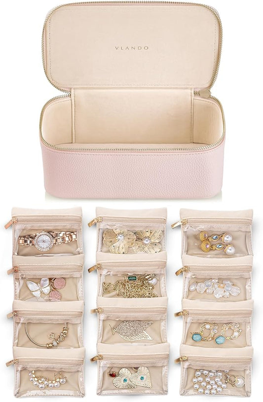 Vlando Teacher Gifts for Women,Jewelry Box with 12 Velvet Jewelry Bags Travel Jewelry Case for Girls Jewelry Organizer for Travelers Birthday Gift Ideas for Women (Pink)