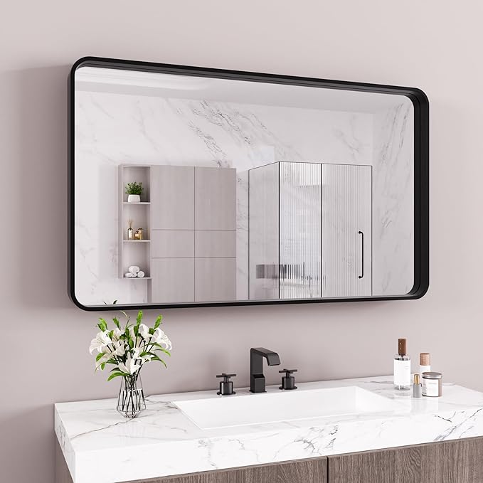 Black Bathroom Mirror 72X32 Inch, Black Metal Framed Mirror for Wall, Rounded Rectangle Matte Bathroom Vanity Mirror with Tempered Glass, Anti-Rust, Horizontal/Vertical
