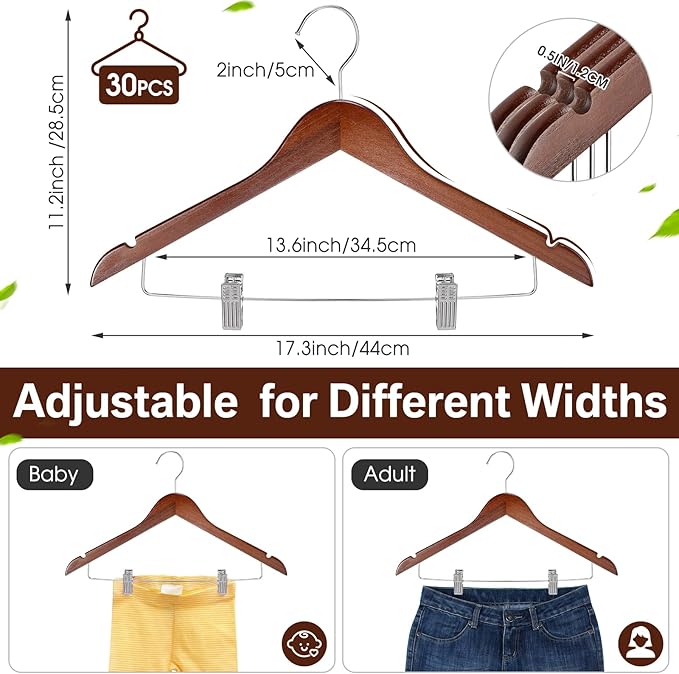 Sieral 30 Pack Wooden Pants Hangers with Clips Solid Wood Skirt Suit Coat Hangers with 2 Adjustable Clips 360 Degree Swivel Hook for Trousers Jeans Slacks Shorts Bottom, 14 Inch(Brown,Classic)
