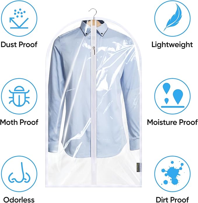 BALEINE 40'' Clear Garment Bags, 6 Packs PEVA Dress Bag for Closet Clothes Dresses Suit Coats Storage (Clear, 6PK)