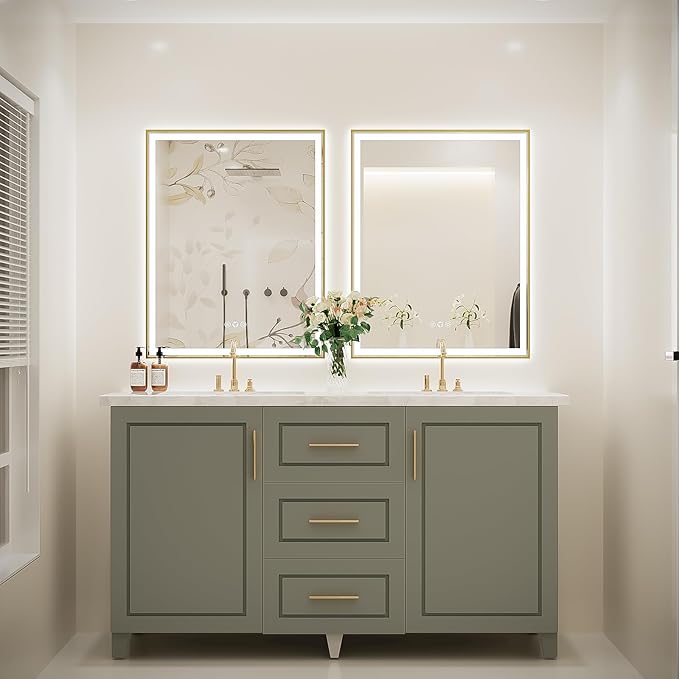 LED Bathroom Mirror, 28x36 Inch Frontlit & Backlit Gold Framed Lighted Mirror,Wall Mouted Vanity with Lights,Double Lights Strips,Anti Fog Stepless 3 Colors Temperature & Dimmable