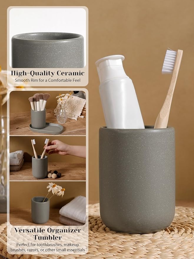 INGOFIN 3 Pcs Ceramic Bathroom Accessory Set - Liquid Soap Dispenser, Toothbrush Holder & Tray, Bathroom Counter Set, Countertop Essentials for Home, Guest Bathroom, or Office Use, Grey