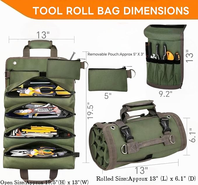 Tool Roll Up Bag Organizer Heavy Duty Portable Tool Storage with Multiple Pockets for Mechanics, Electricians Handyman Practical Gift for Men dads