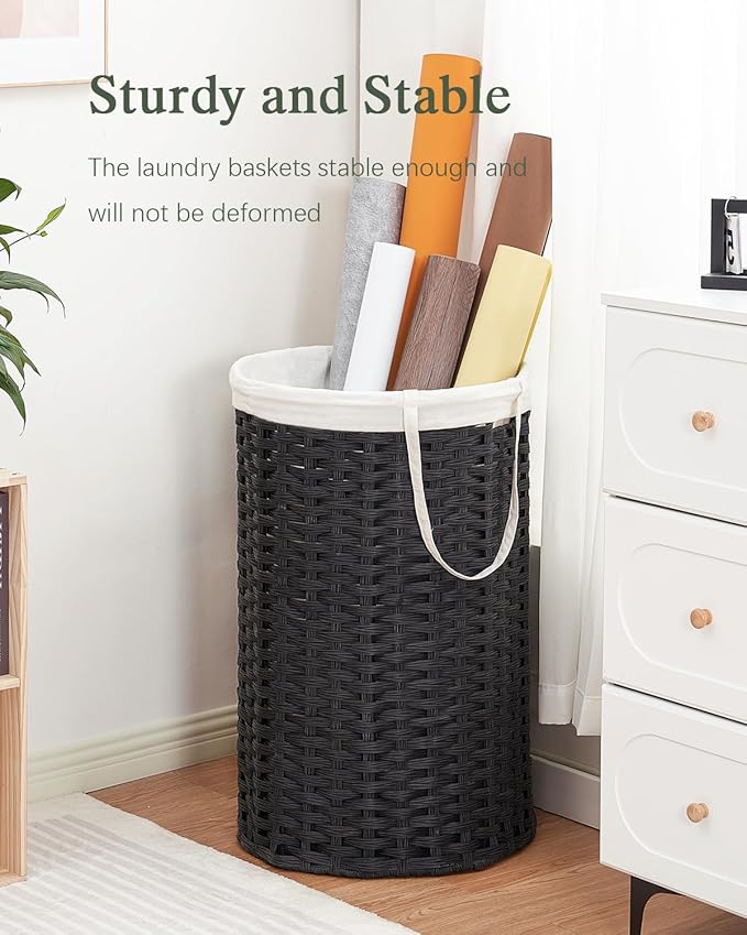 34.3 Gal (130 L) Large Laundry Hamper Laundry Basket Round Handwoven Wicker Laundry Baskets Rattan Laundry Basket with Removable Bag Handles 2 Mesh Bags for Living Room Bedroom Black (No Lid)
