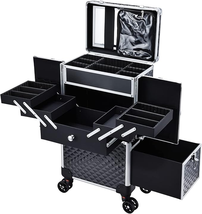 Adazzo Professional Makeup Artist Rolling Train Case Multi-functional Cosmetic Train Case Large Trolley Storage Case for Nail Technicians Cosmetology Case with Compartments for Hairstylist (Black)