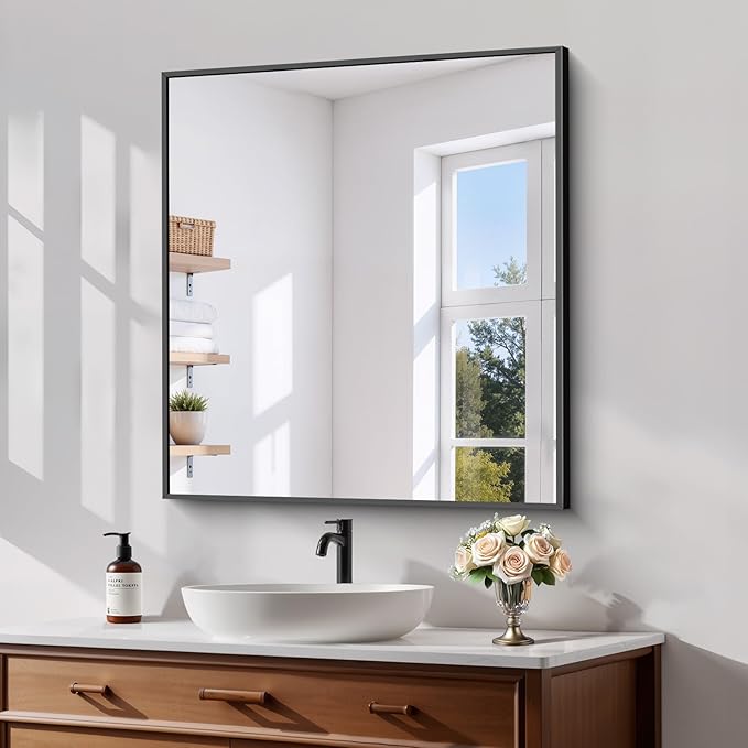 Koonmi Black Framed Bathroom Mirror - Shatterproof 30"x20" Tempered Glass, HD No Distortion, Horizontal/Vertical Mount, Modern Matte Aluminum Alloy Frame