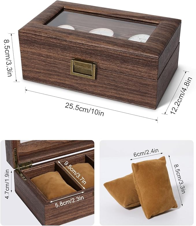 Uten Watch Box 3 Slots, Watch Case Organizer with Real Glass Lid, Wood Grain PU Leather Watch Display Storage Box with Removable Imitation Suede Watch Pillows, Metal Clasp