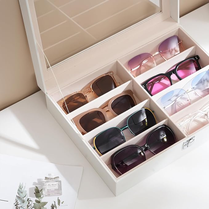 ProCase 8 Slots Sunglasses Organizer, 1 Layer Sunglass Case, Leather Eyeglass Cases for Display and Storage -White