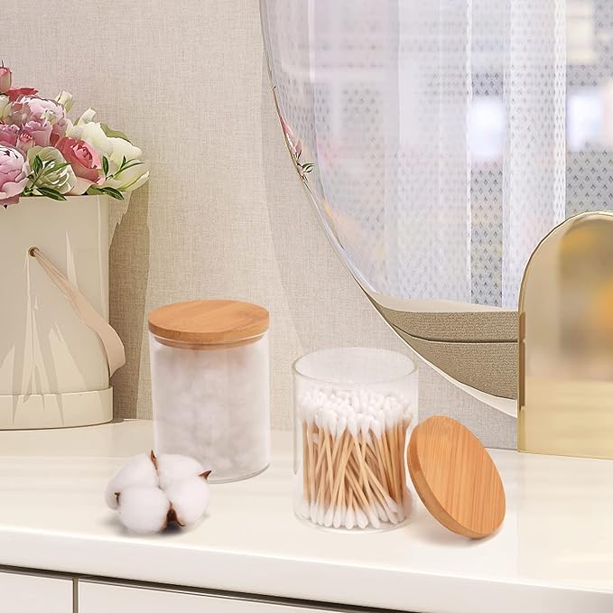 2 Pack Glass Qtip Holder Dispenser Set - Apothecary Jars with Lids - Vanity Makeup Organizer and Bathroom Canister Storage Organizer for Cotton Ball, Swab, Round Pads,Floss