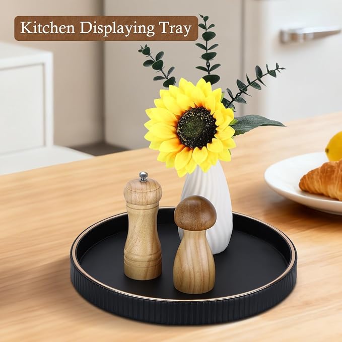 GORESE 12" Decorative Tray for Home Decor, Round PU Leather Coffee Table Tray Table Centerpiece for Living Room, Dresser, Vanity, Valet Tray Nightstand Organizer for Trinket Perfume Key, Black